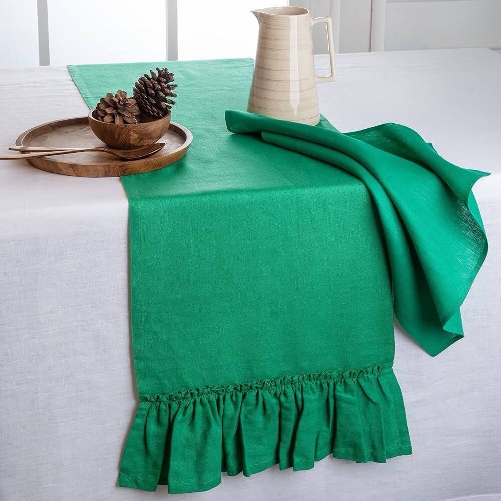 Flax Linen Table Runner Kelly Green Ruffle Holiday Christmas Kitchen Dining NWOT
